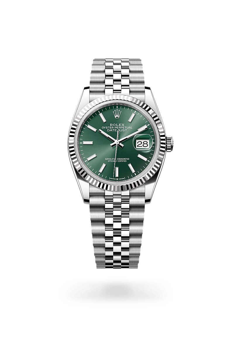 Rolex Datejust 36 in White Rolesor - combination of Oystersteel and white gold with a Mint green dial,Fluted bezel and Jubilee, five-piece links bracelet
