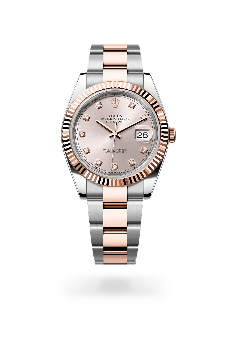 Rolex Datejust 41 in Everose Rolesor - combination of Oystersteel and Everose gold with a Sundust set with diamonds dial,Fluted bezel and Oyster, three-piece solid links bracelet