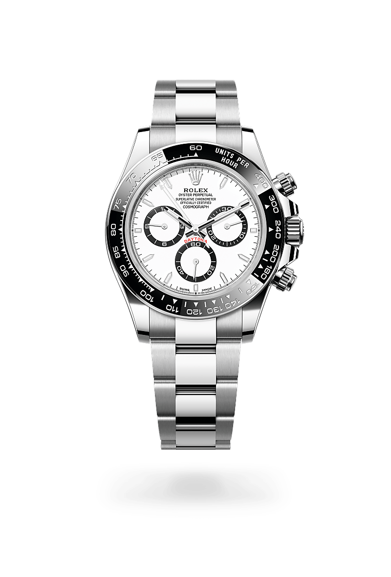 Rolex Cosmograph Daytona in Oystersteel with a White, black counter rings dial,Black monobloc Cerachrom bezel in ceramic with moulded tachymetric scale bezel and Oyster, three-piece solid links bracelet