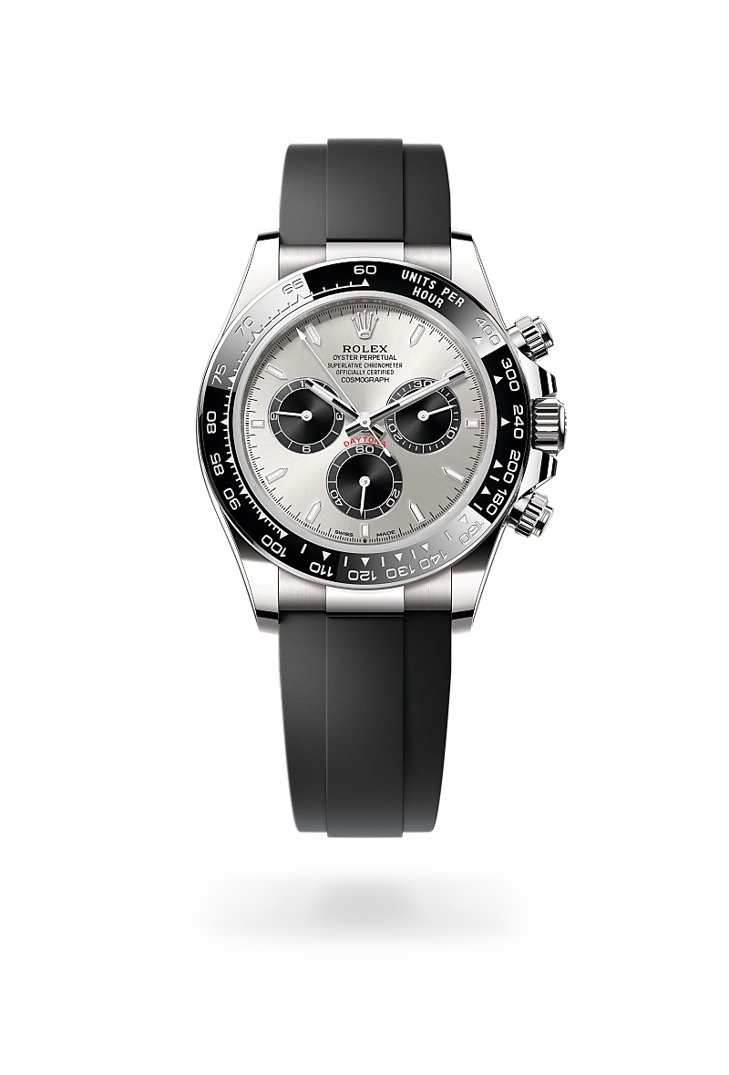 Rolex Cosmograph Daytona in 18 ct white gold with a Steel and bright black dial,Black monobloc Cerachrom bezel in ceramic with moulded tachymetric scale bezel and Oysterflex bracelet