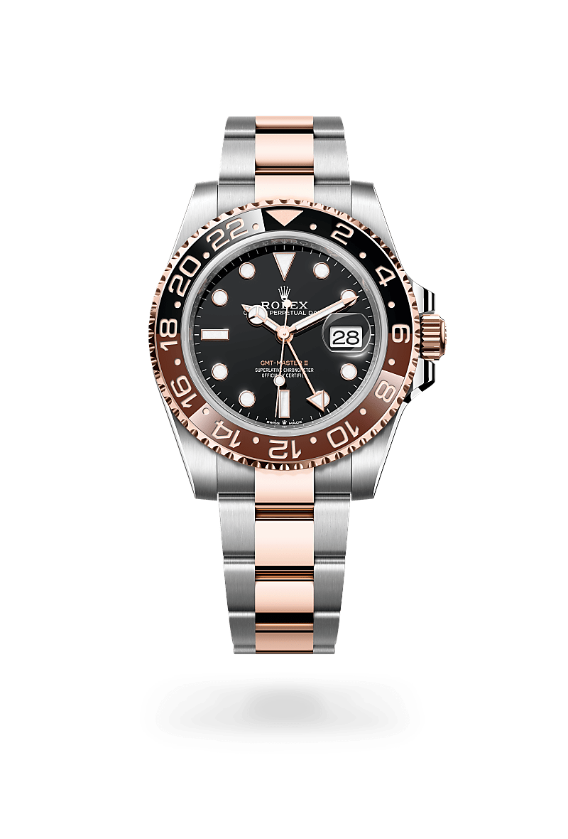 Rolex GMT-Master II in Everose Rolesor - combination of Oystersteel and Everose gold with a Black dial,Bidirectional rotatable 24-hour graduated bezel. Two-colour brown and black Cerachrom insert in ceramic, moulded numerals and graduations bezel and Oyster, three-piece solid links bracelet