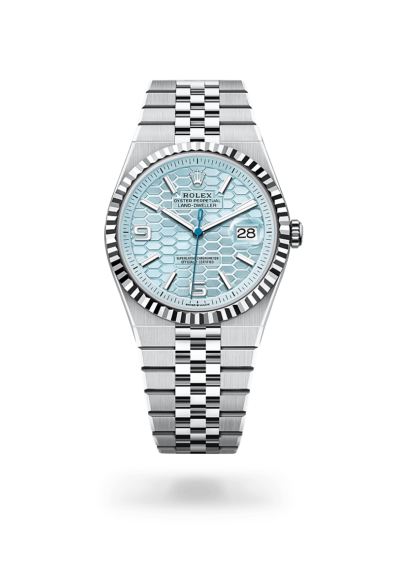 Rolex Land-Dweller 40 in Platinum with a Ice blue, honeycomb motif dial,Fluted bezel and Flat Jubilee, five-piece solid links bracelet