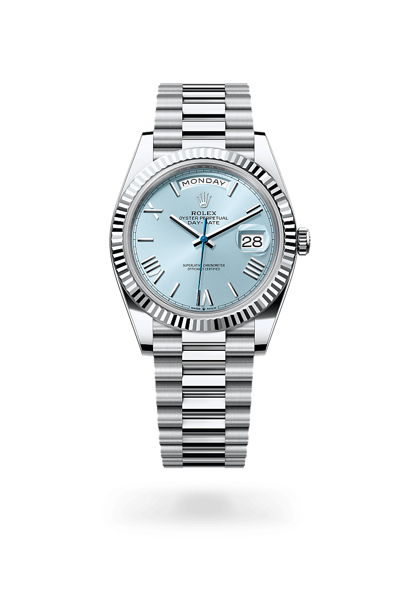 Rolex Day-Date 40 in Platinum with a Ice blue dial,Fluted bezel and President, semi-circular three-piece links bracelet
