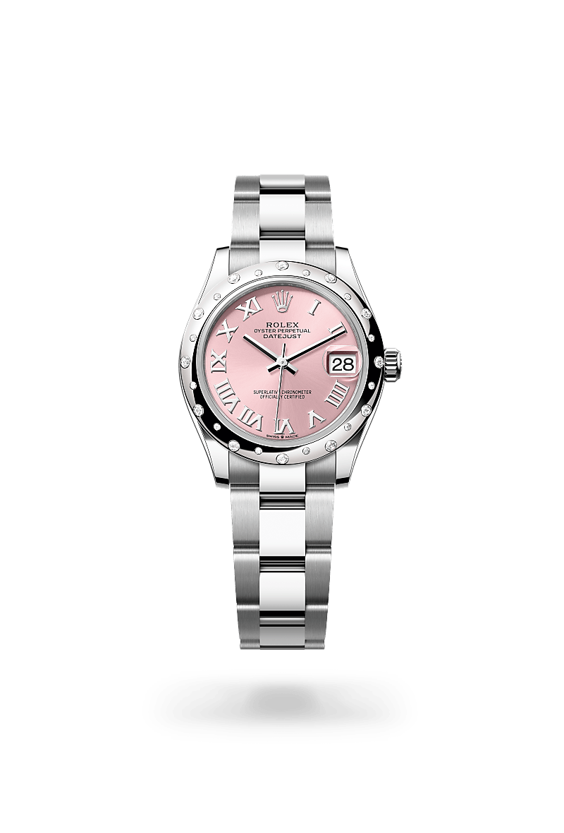 Rolex Datejust 31 in White Rolesor - combination of Oystersteel and white gold with a Pink dial,Domed, set with diamonds bezel and Oyster, three-piece solid links bracelet