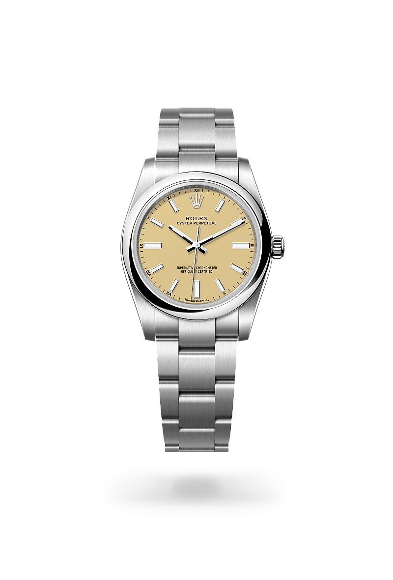 Rolex Oyster Perpetual 34 in Oystersteel with a Beige dial,Domed bezel and Oyster, three-piece solid links bracelet