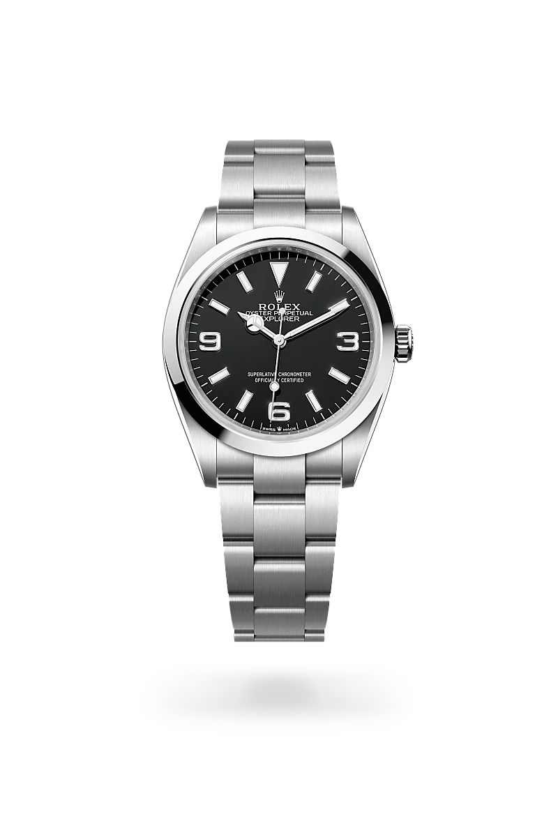 Rolex Explorer 36 in Oystersteel with a Black dial,Smooth bezel and Oyster, three-piece solid links bracelet