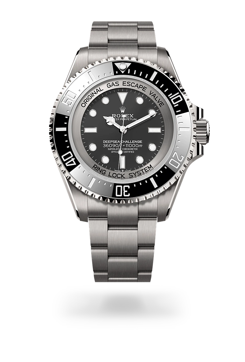 Rolex Deepsea Challenge in RLX titanium with a Intense black dial,Unidirectional rotatable 60-minute graduated, scratch-resistant Cerachrom insert in ceramic, numerals and graduations coated in platinum bezel and Oyster, three-piece solid links bracelet
