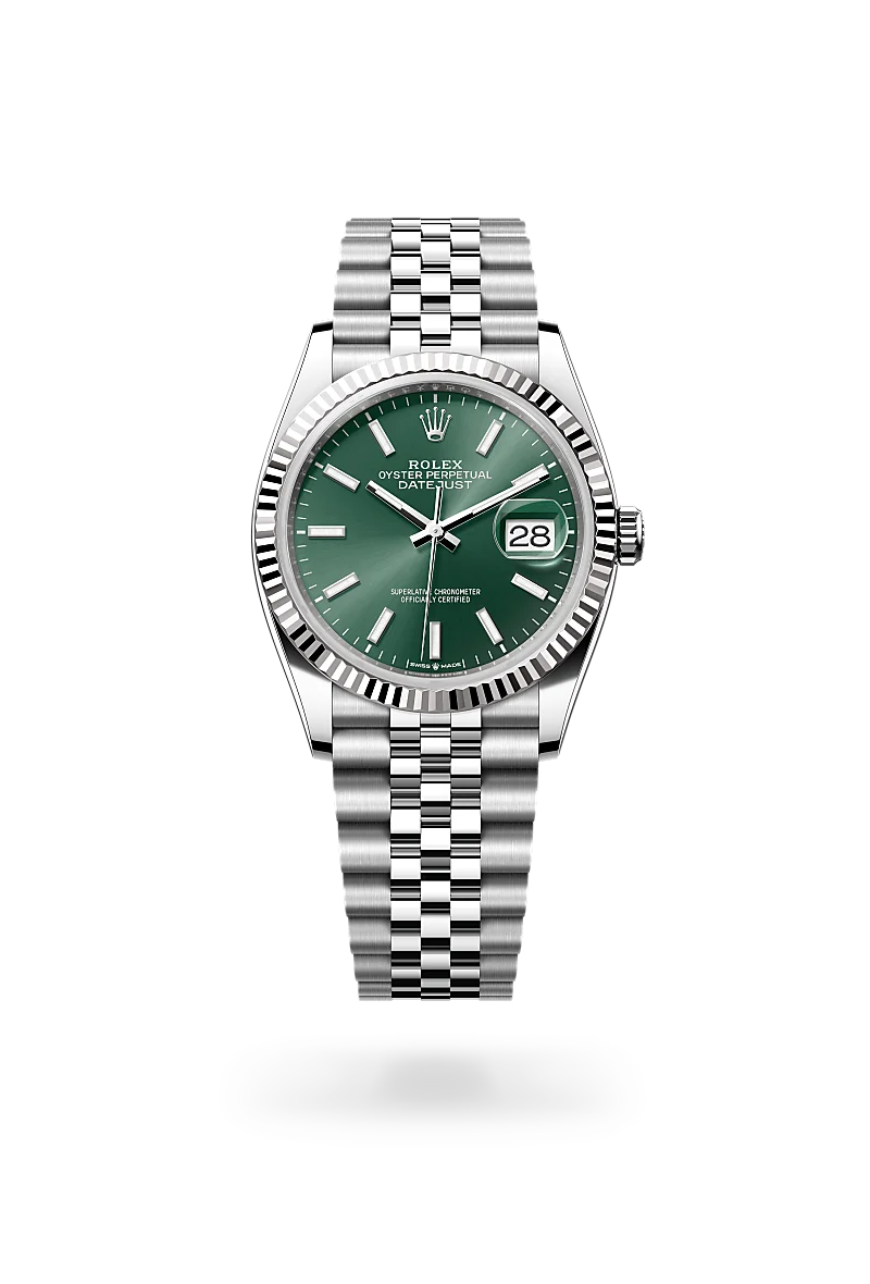 Rolex Datejust 36 in White Rolesor - combination of Oystersteel and white gold with a Mint green dial,Fluted bezel and Jubilee, five-piece links bracelet