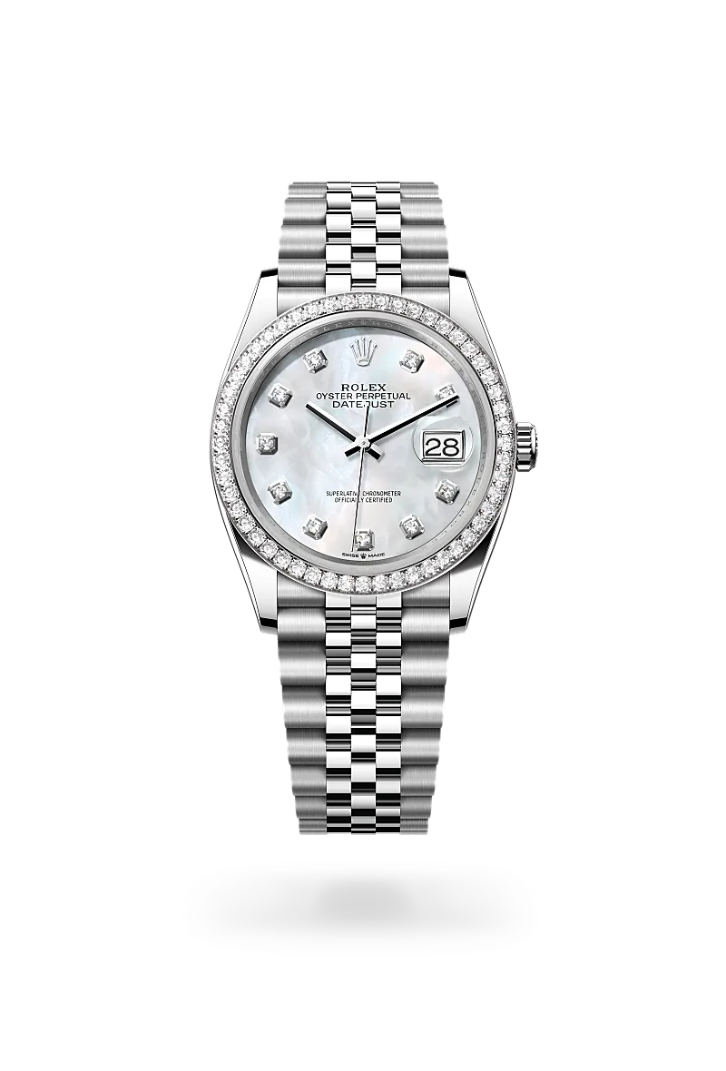Rolex Datejust 36 in White Rolesor - combination of Oystersteel and white gold with a White mother-of-pearl set with diamonds dial,Set with diamonds bezel and Jubilee, five-piece links bracelet