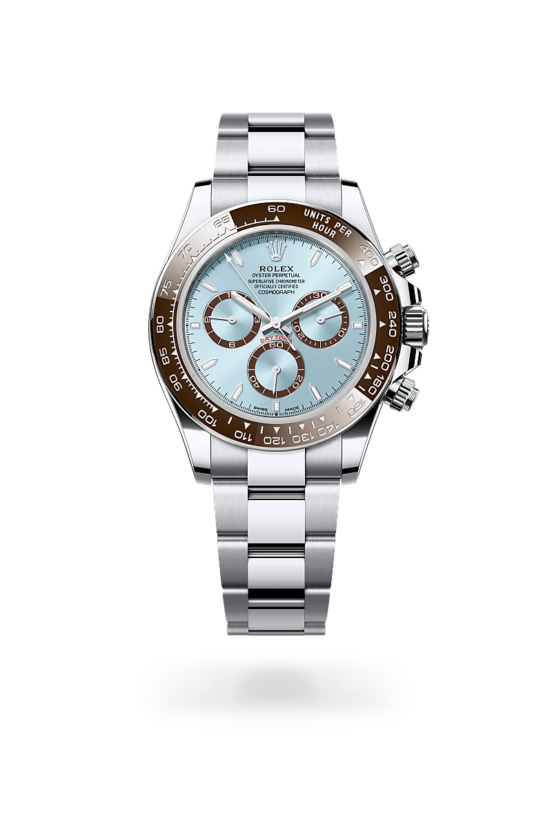 Rolex Cosmograph Daytona in Platinum with a Ice blue, chestnut brown counter rings dial,Chestnut brown monobloc Cerachrom bezel in ceramic with moulded numerals and graduations bezel and Oyster, three-piece solid links bracelet