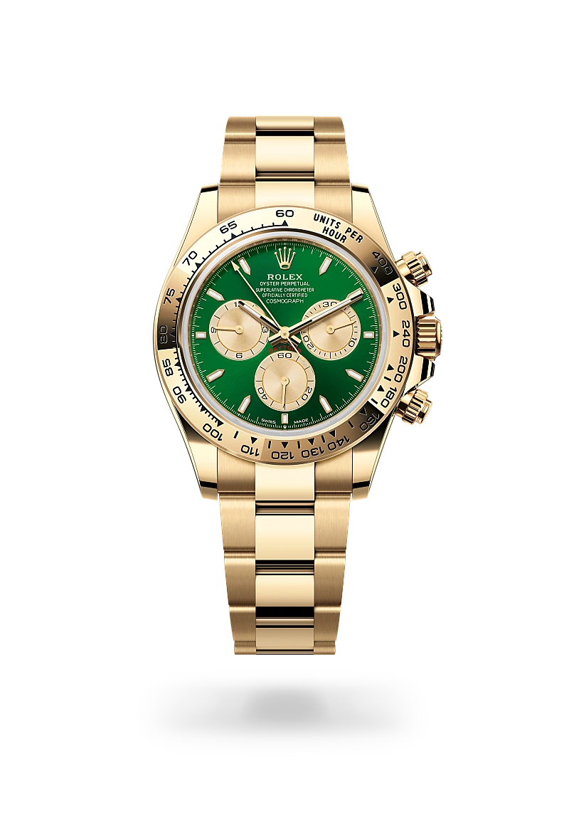 Rolex Cosmograph Daytona in 18 ct yellow gold with a Bright green and golden dial,Fixed, with engraved tachymetric scale, in 18 ct yellow gold bezel and Oyster, three-piece solid links bracelet