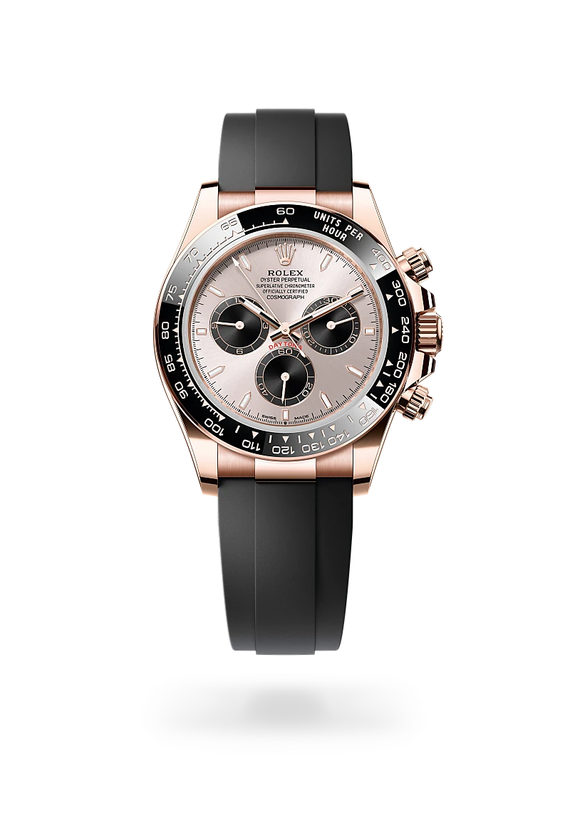 Rolex Cosmograph Daytona in 18 ct Everose gold with a Sundust and bright black dial,Black monobloc Cerachrom bezel in ceramic with moulded tachymetric scale bezel and Oysterflex bracelet