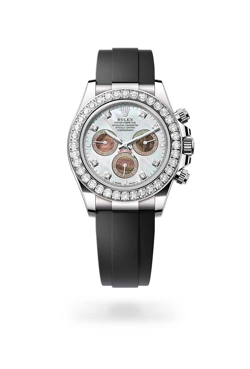 Rolex Cosmograph Daytona in 18 ct white gold with a White and black mother-of-pearl set with diamonds dial,Set with diamonds bezel and Oysterflex bracelet
