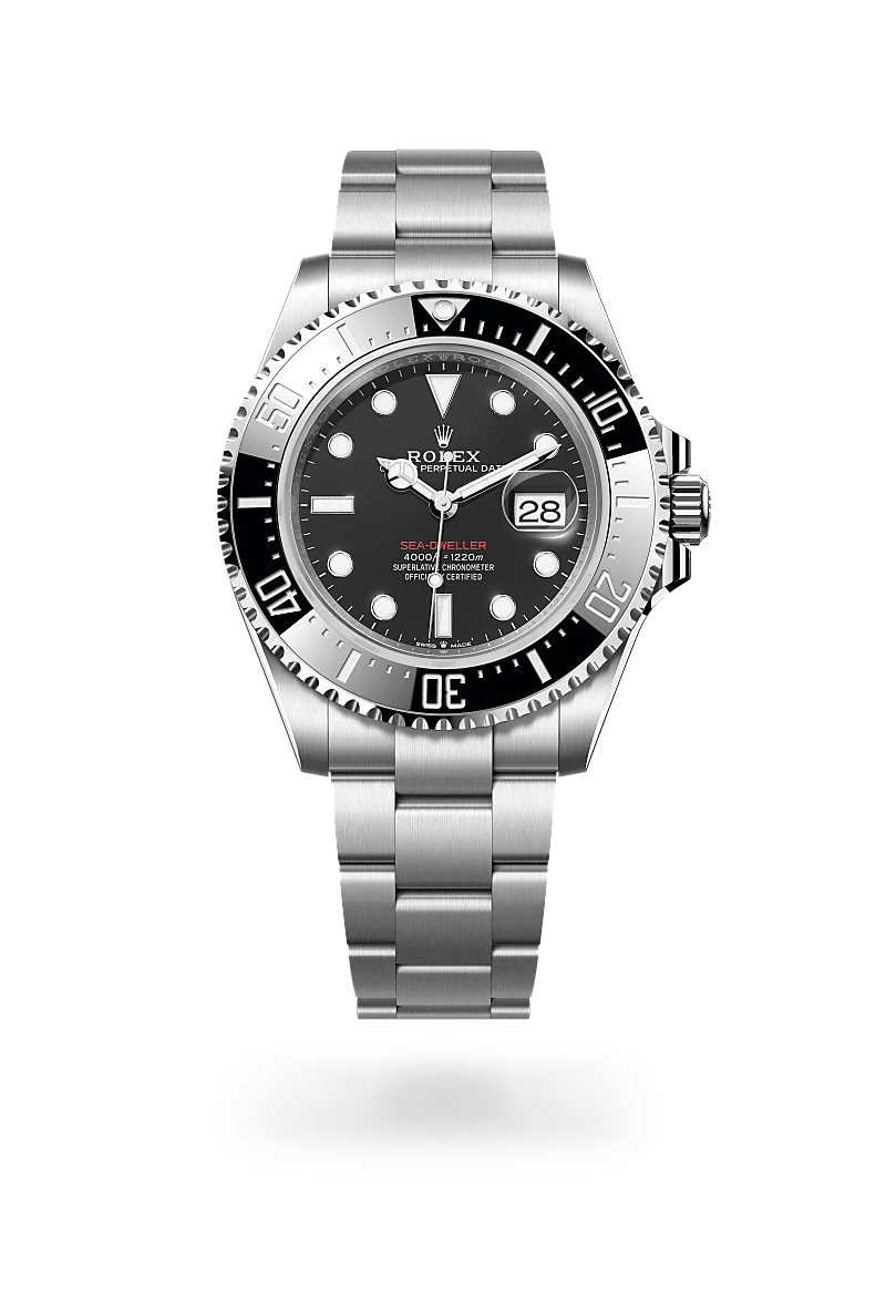 Rolex Sea-Dweller in Oystersteel with a Intense black dial,Unidirectional rotatable 60-minute graduated, scratch-resistant Cerachrom insert in black ceramic, numerals and graduations coated in platinum bezel and Oyster, three-piece solid links bracelet