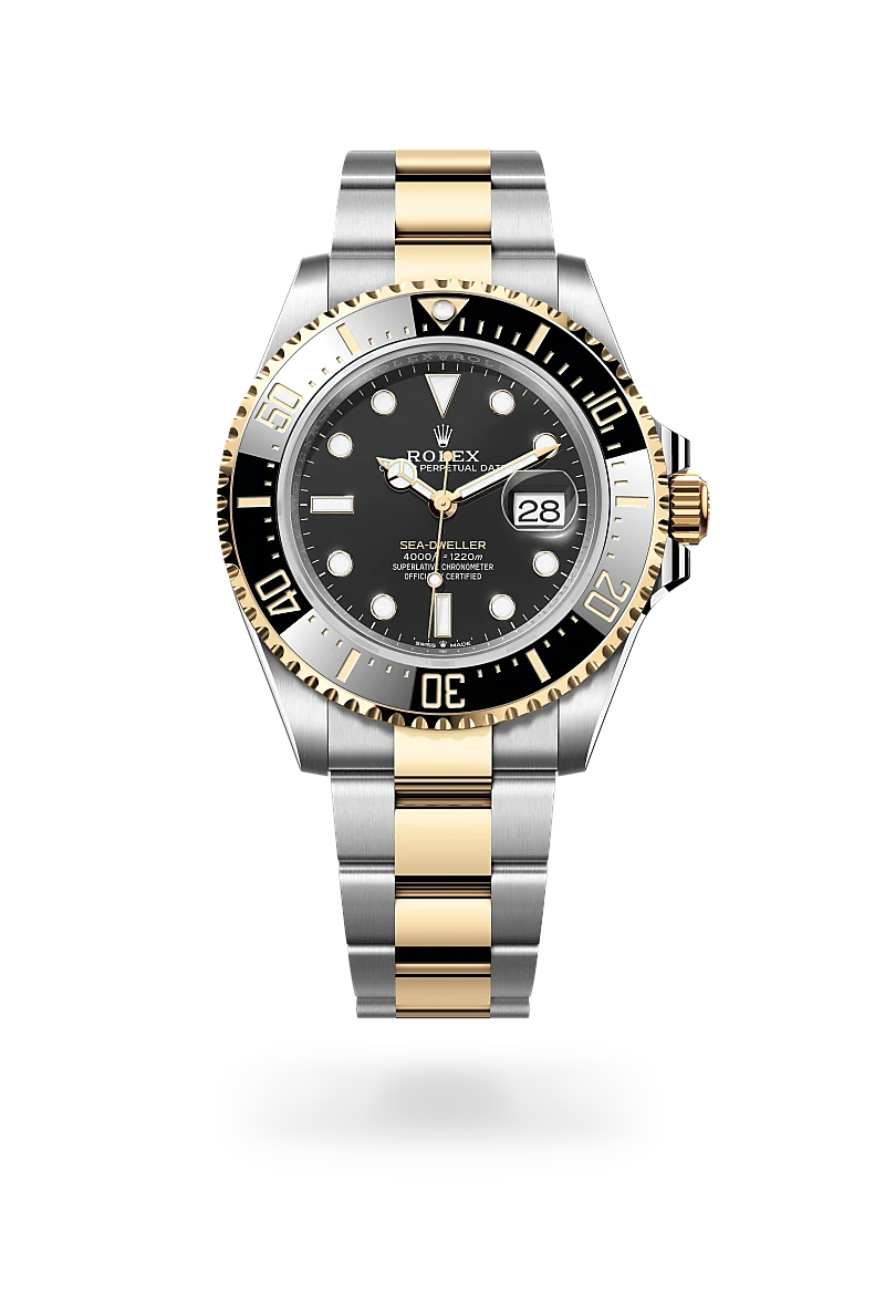 Rolex Sea-Dweller in Yellow Rolesor - combination of Oystersteel and yellow gold with a Intense black dial,Unidirectional rotatable 60-minute graduated, scratch-resistant Cerachrom insert in black ceramic, numerals and graduations coated in gold bezel and Oyster, three-piece solid links bracelet