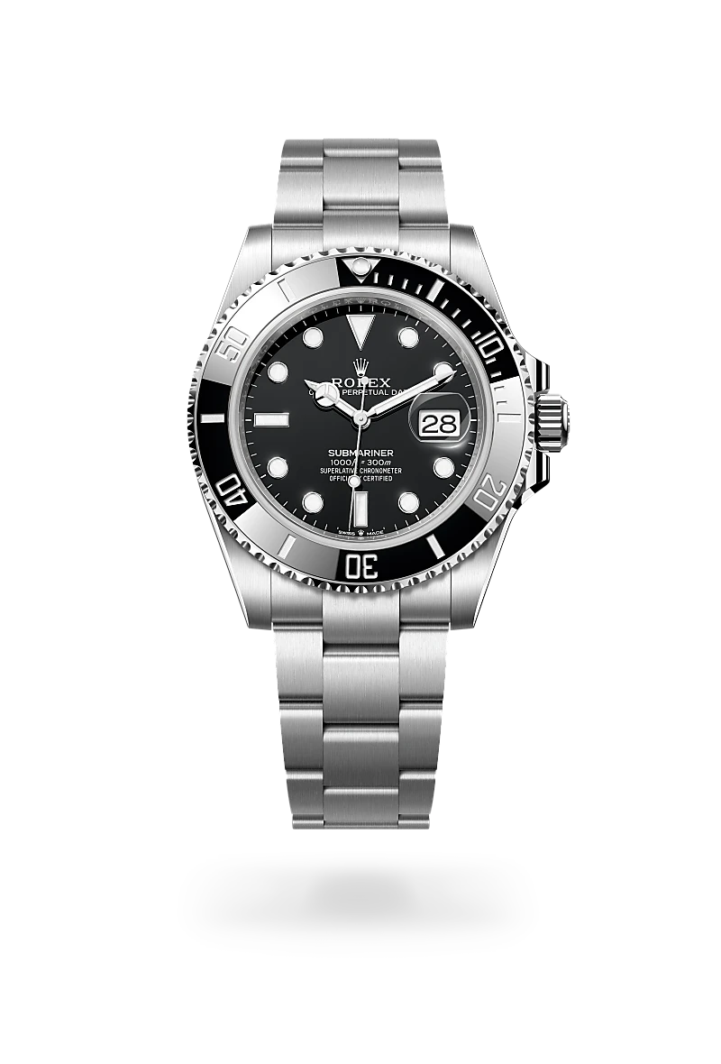 Rolex Submariner Date in Oystersteel with a Black dial,Unidirectional rotatable 60-minute graduated, scratch-resistant Cerachrom insert in black ceramic, numerals and graduations coated in platinum bezel and Oyster, three-piece solid links bracelet