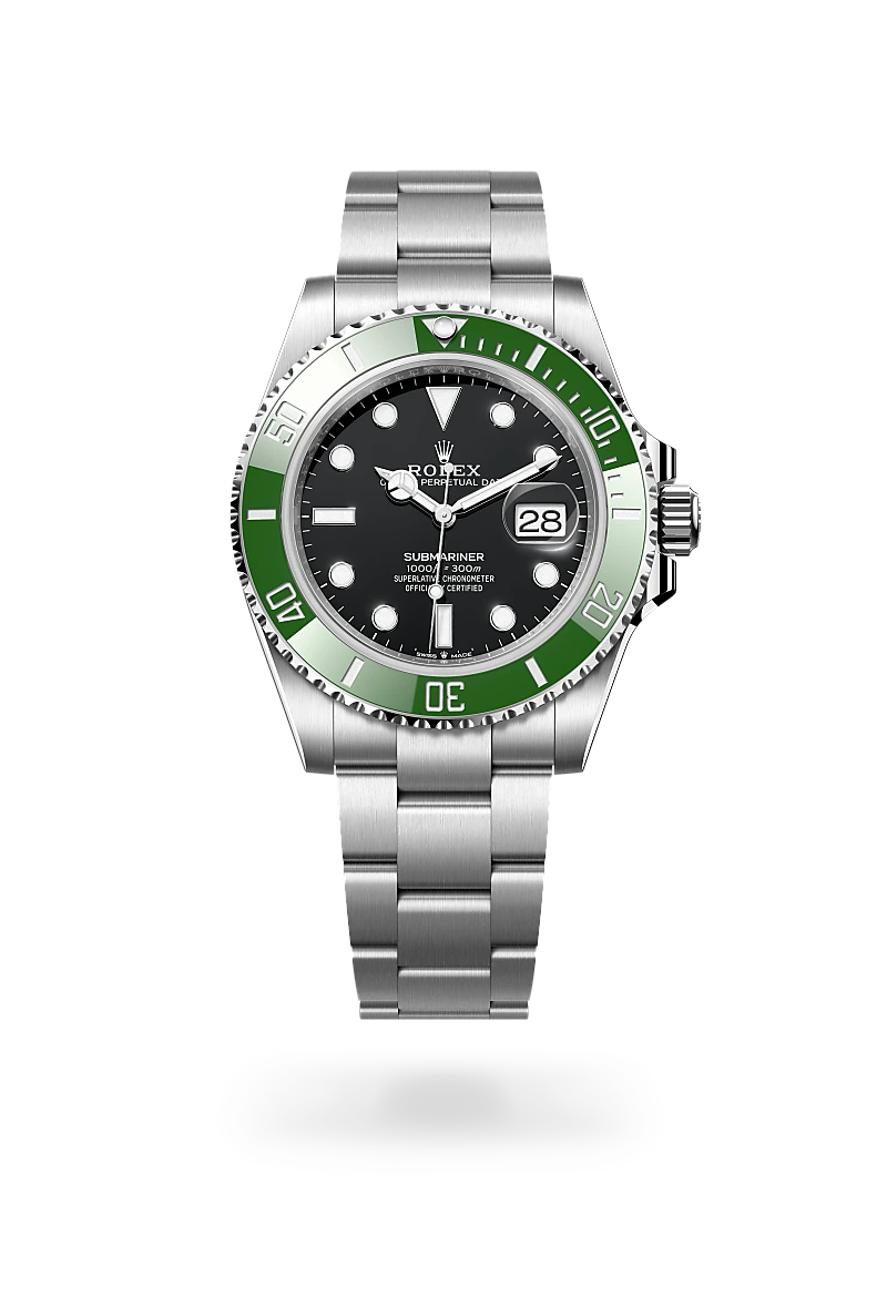 Rolex Submariner Date in Oystersteel with a Black dial,Unidirectional rotatable 60-minute graduated, scratch-resistant Cerachrom insert in green ceramic, numerals and graduations coated in platinum bezel and Oyster, three-piece solid links bracelet