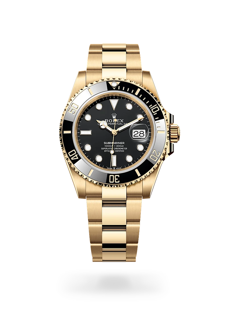 Rolex Submariner Date in 18 ct yellow gold with a Black dial,Unidirectional rotatable 60-minute graduated, scratch-resistant Cerachrom insert in black ceramic, numerals and graduations coated in gold bezel and Oyster, three-piece solid links bracelet