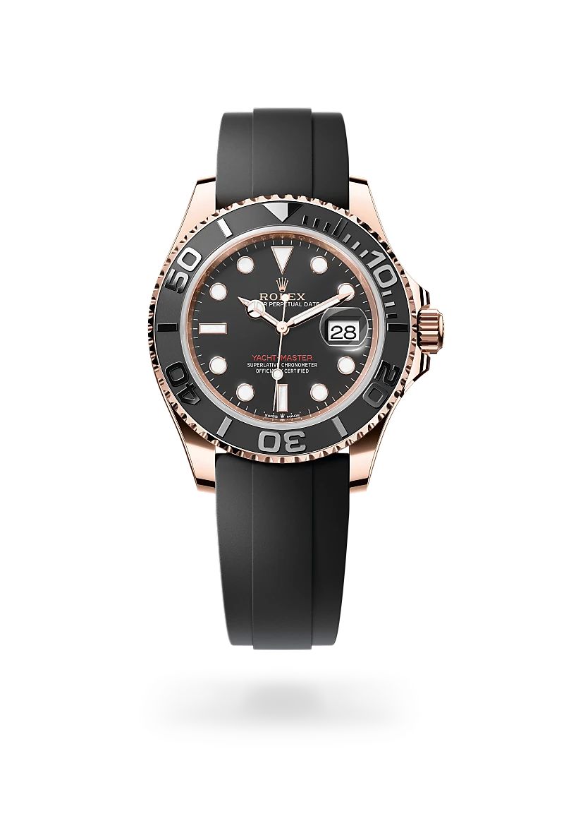 Rolex Yacht-Master 40 in 18 ct Everose gold with a Intense black dial,Bidirectional rotatable 60-minute graduated bezel with matt black Cerachrom insert in ceramic, polished raised numerals and graduations bezel and Oysterflex bracelet
