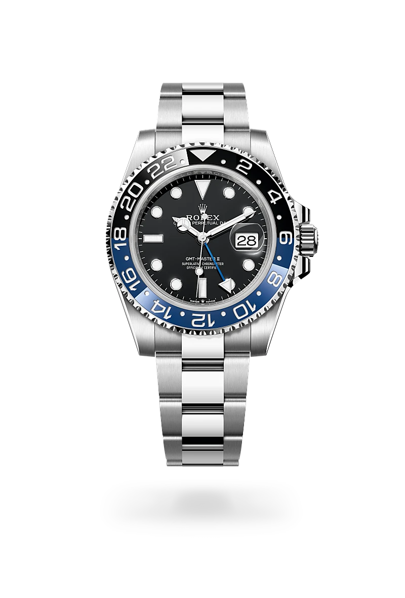 Rolex GMT-Master II in Oystersteel with a Black dial,Bidirectional rotatable 24-hour graduated bezel. Two-colour blue and black Cerachrom insert in ceramic, moulded numerals and graduations bezel and Oyster, three-piece solid links bracelet