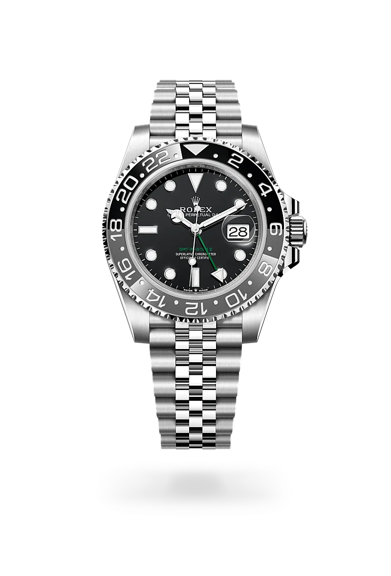 Rolex GMT-Master II in Oystersteel with a Black dial,Bidirectional rotatable 24-hour graduated bezel. Two-colour grey and black Cerachrom insert in ceramic, moulded numerals and graduations bezel and Jubilee, five-piece links bracelet