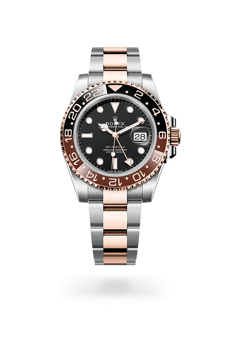 Rolex GMT-Master II in Everose Rolesor - combination of Oystersteel and Everose gold with a Black dial,Bidirectional rotatable 24-hour graduated bezel. Two-colour brown and black Cerachrom insert in ceramic, moulded numerals and graduations bezel and Oyster, three-piece solid links bracelet