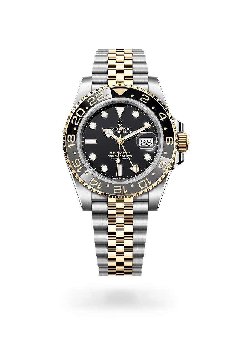 Rolex GMT-Master II in Yellow Rolesor - combination of Oystersteel and yellow gold with a Black dial,Bidirectional rotatable 24-hour graduated bezel. Two-colour grey and black Cerachrom insert in ceramic, moulded numerals and graduations bezel and Jubilee, five-piece links bracelet