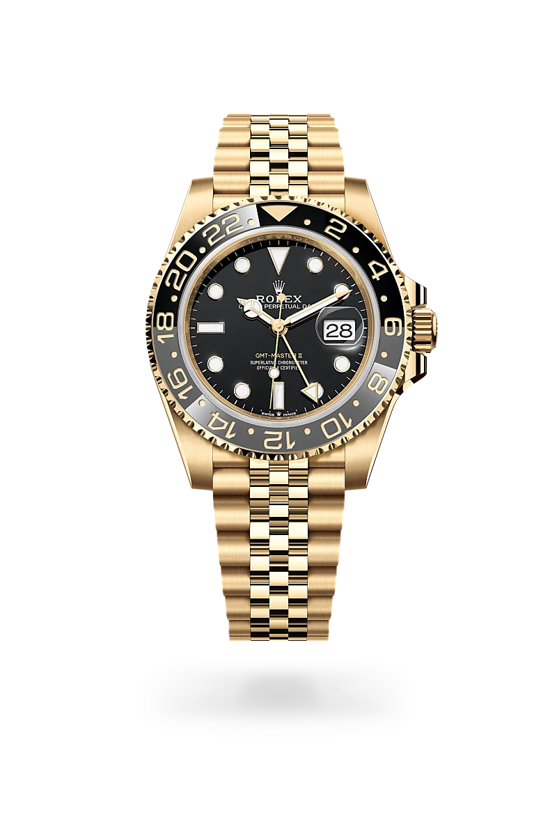 Rolex GMT-Master II in 18 ct yellow gold with a Black dial,Bidirectional rotatable 24-hour graduated bezel. Two-colour grey and black Cerachrom insert in ceramic, moulded numerals and graduations bezel and Jubilee, five-piece links bracelet