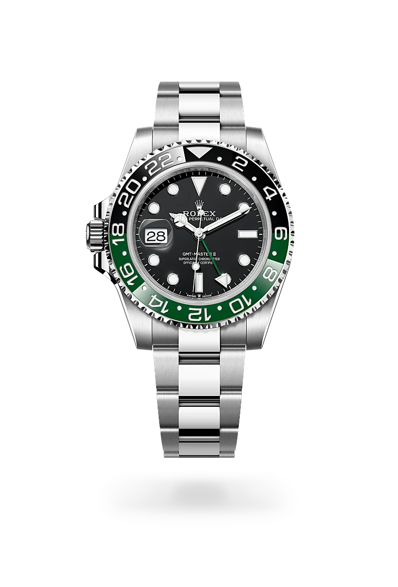 Rolex GMT-Master II in Oystersteel with a Black dial,Bidirectional rotatable 24-hour graduated bezel. Two-colour green and black Cerachrom insert in ceramic, moulded numerals and graduations bezel and Oyster, three-piece solid links bracelet