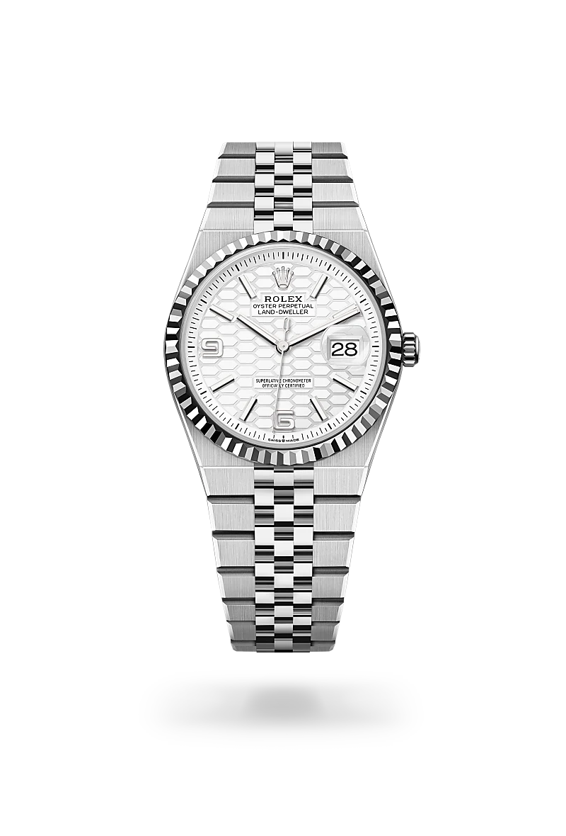 Rolex Land-Dweller 36 in White Rolesor - combination of Oystersteel and white gold with a Intense white, honeycomb motif dial,Fluted bezel and Flat Jubilee, five-piece solid links bracelet