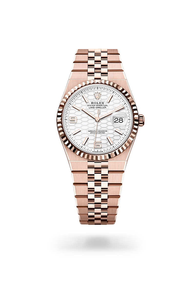 Rolex Land-Dweller 36 in 18 ct Everose gold with a Intense white, honeycomb motif dial,Fluted bezel and Flat Jubilee, five-piece solid links bracelet