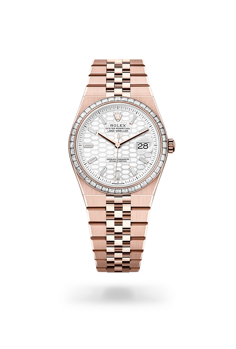 Rolex Land-Dweller 36 in 18 ct Everose gold with a Intense white, honeycomb motif set with diamonds dial,Set with diamonds bezel and Flat Jubilee, five-piece solid links bracelet