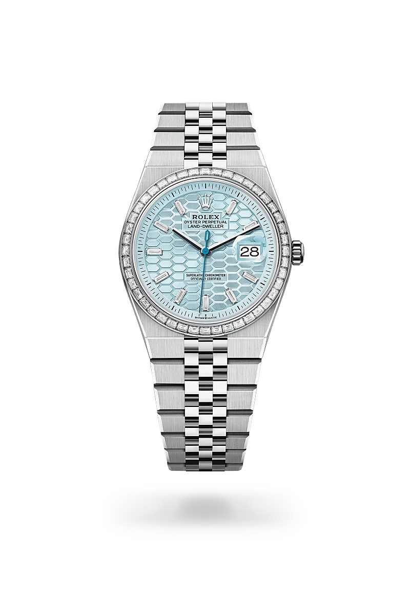 Rolex Land-Dweller 36 in Platinum with a Ice blue, honeycomb motif set with diamonds dial,Set with diamonds bezel and Flat Jubilee, five-piece solid links bracelet