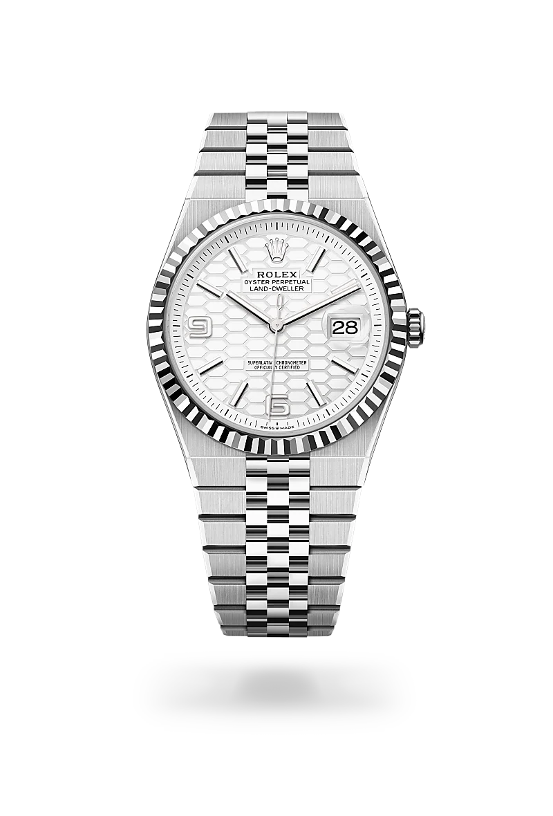 Rolex Land-Dweller 40 in White Rolesor - combination of Oystersteel and white gold with a Intense white, honeycomb motif dial,Fluted bezel and Flat Jubilee, five-piece solid links bracelet