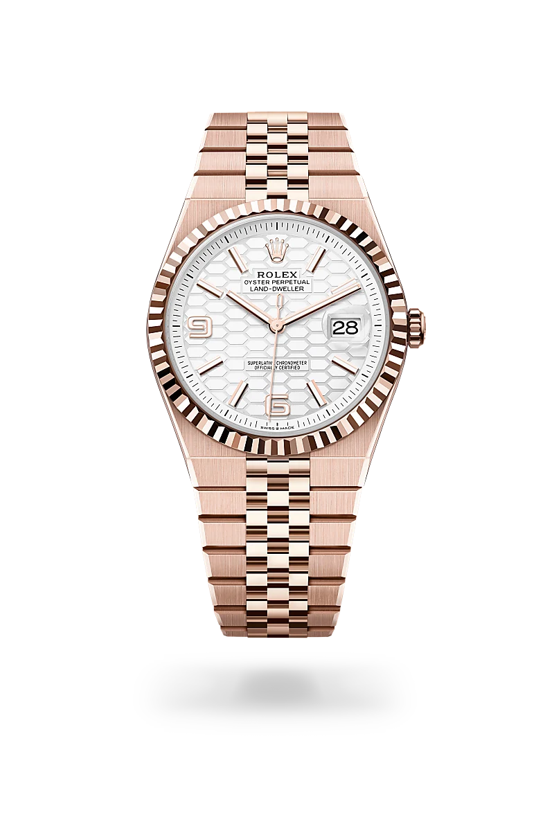 Rolex Land-Dweller 40 in 18 ct Everose gold with a Intense white, honeycomb motif dial,Fluted bezel and Flat Jubilee, five-piece solid links bracelet