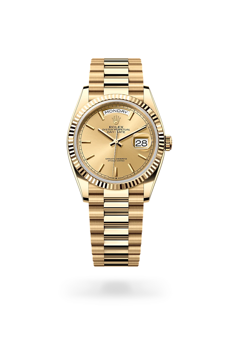 Rolex Day-Date 36 in 18 ct yellow gold with a Champagne-colour dial,Fluted bezel and President, semi-circular three-piece links bracelet