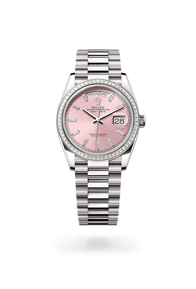 Rolex Day-Date 36 in 18 ct white gold with a Pink set with diamonds dial,Set with diamonds bezel and President, semi-circular three-piece links bracelet