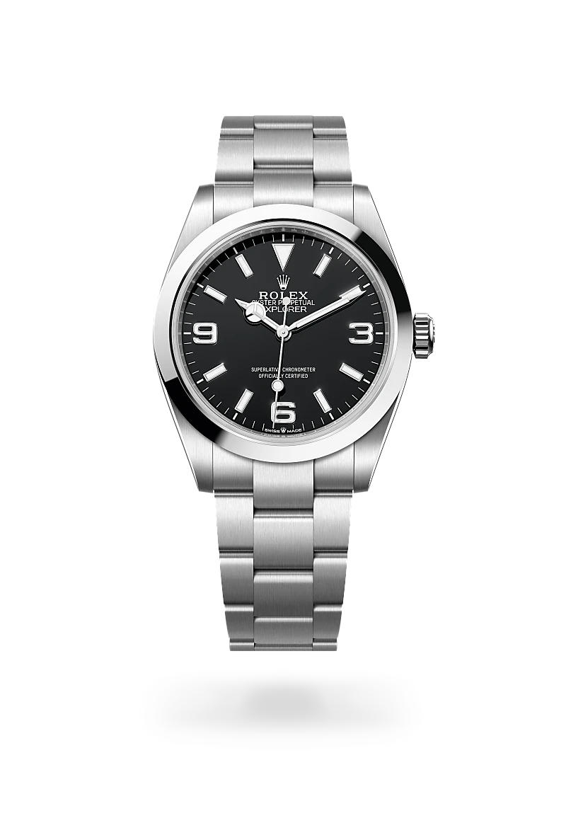 Rolex Explorer 40 in Oystersteel with a Black dial,Smooth bezel and Oyster, three-piece solid links bracelet