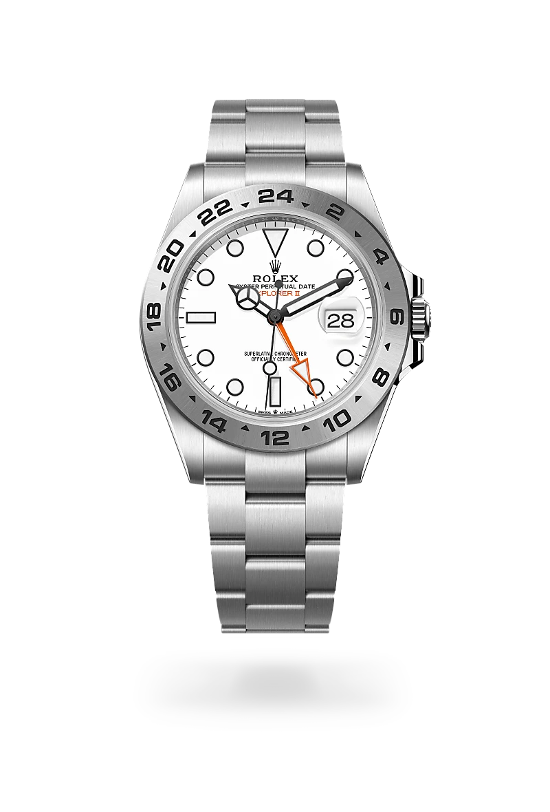 Rolex Explorer II in Oystersteel with a White dial,Fixed, 24-hour graduated bezel and Oyster, three-piece solid links bracelet