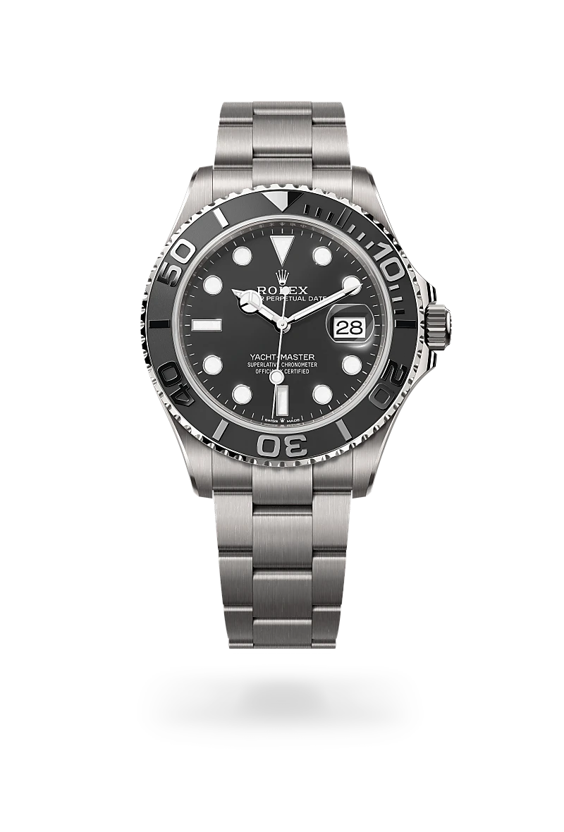 Rolex Yacht-Master 42 in RLX titanium with a Intense black dial,Bidirectional rotatable 60-minute graduated bezel with matt black Cerachrom insert in ceramic, polished raised numerals and graduations bezel and Oyster, three-piece solid links bracelet