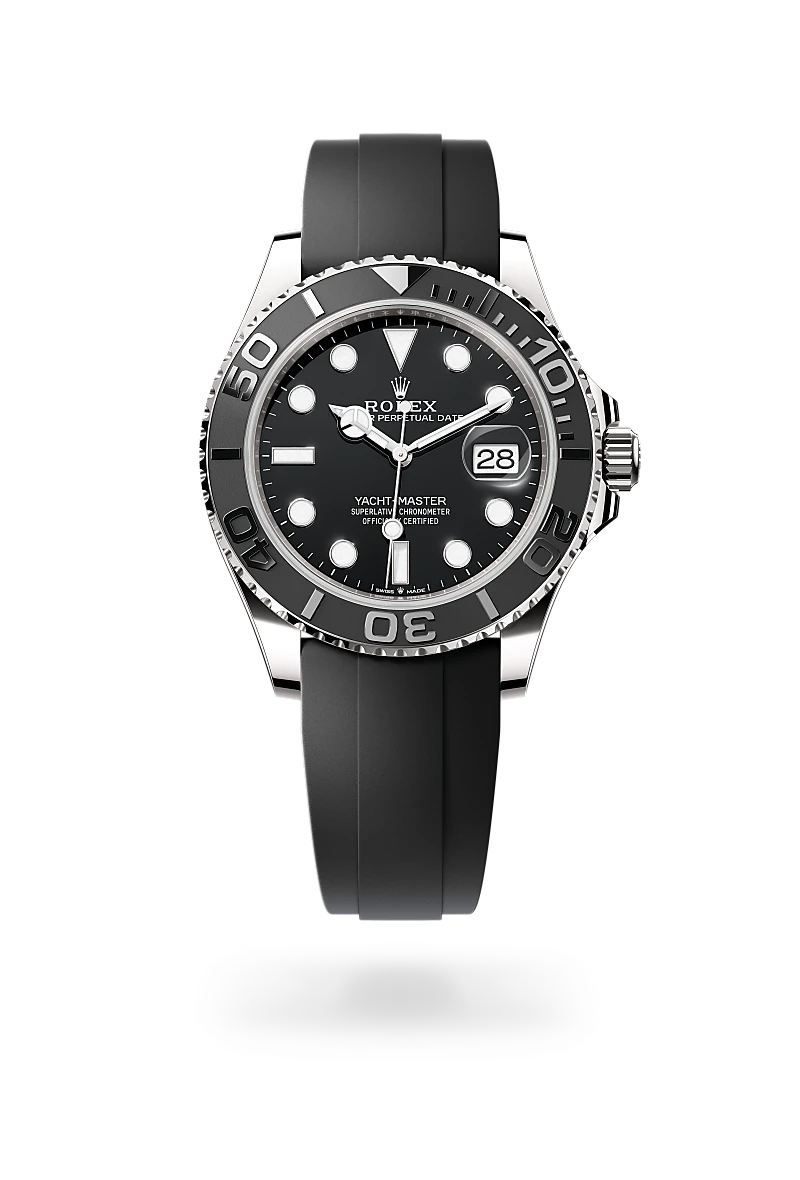 Rolex Yacht-Master 42 in 18 ct white gold with a Black dial,Bidirectional rotatable 60-minute graduated bezel with matt black Cerachrom insert in ceramic, polished raised numerals and graduations bezel and Oysterflex bracelet