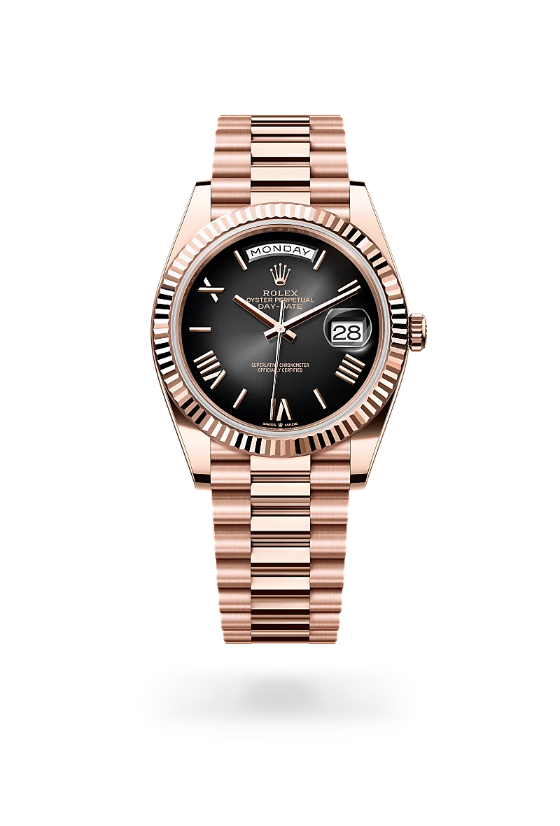 Rolex Day-Date 40 in 18 ct Everose gold with a Slate ombré dial,Fluted bezel and President, semi-circular three-piece links bracelet