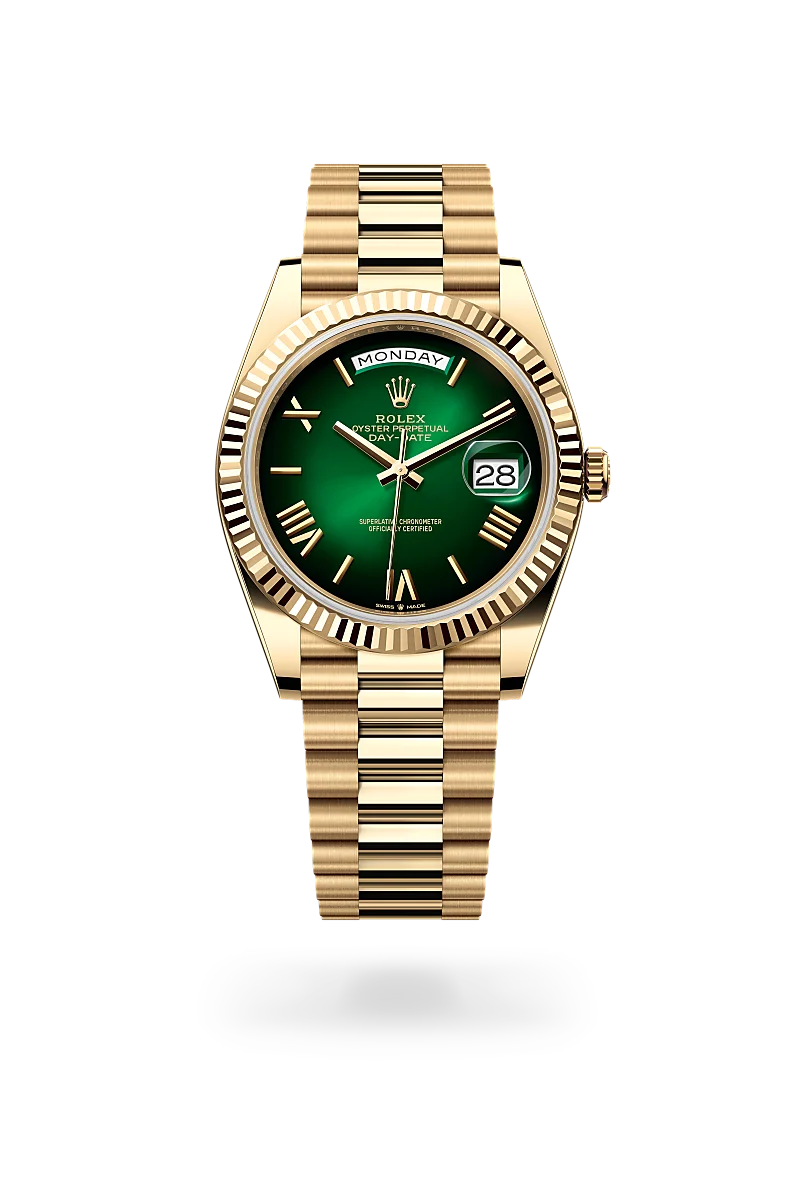 Rolex Day-Date 40 in 18 ct yellow gold with a Green ombré dial,Fluted bezel and President, semi-circular three-piece links bracelet
