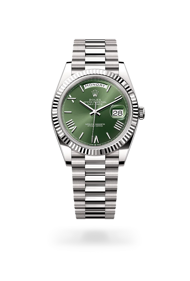 Rolex Day-Date 40 in 18 ct white gold with a Olive green dial,Fluted bezel and President, semi-circular three-piece links bracelet