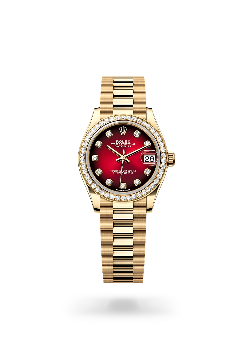 Rolex Datejust 31 in 18 ct yellow gold with a Red ombré set with diamonds dial,Set with diamonds bezel and President, semi-circular three-piece links bracelet