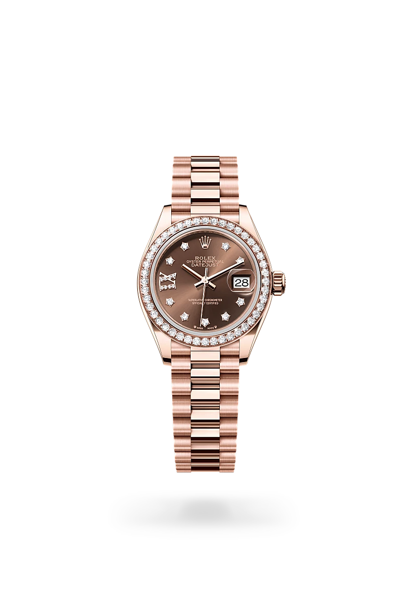 Rolex Lady-Datejust in 18 ct Everose gold with a Chocolate set with diamonds dial,Set with diamonds bezel and President, semi-circular three-piece links bracelet