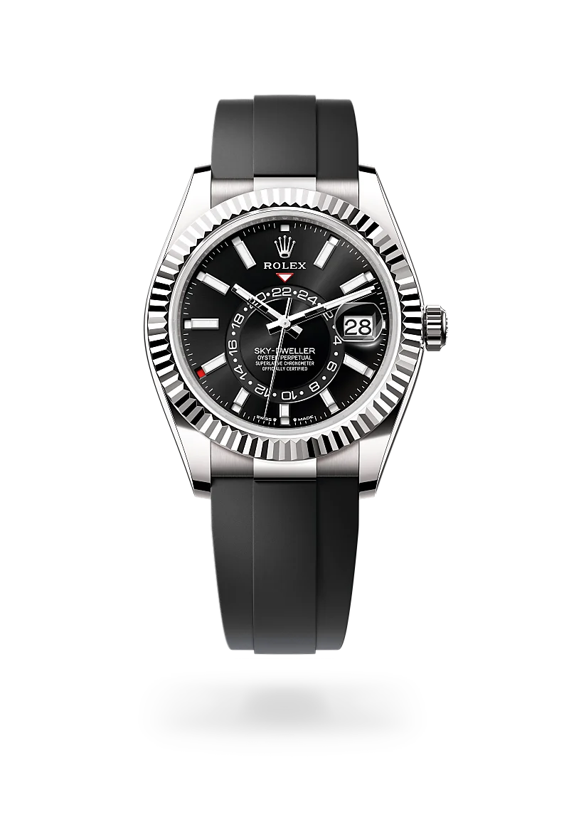 Rolex Sky-Dweller in 18 ct white gold with a Bright black dial,Fluted, bidirectional rotatable Rolex Ring Command bezel and Oysterflex bracelet