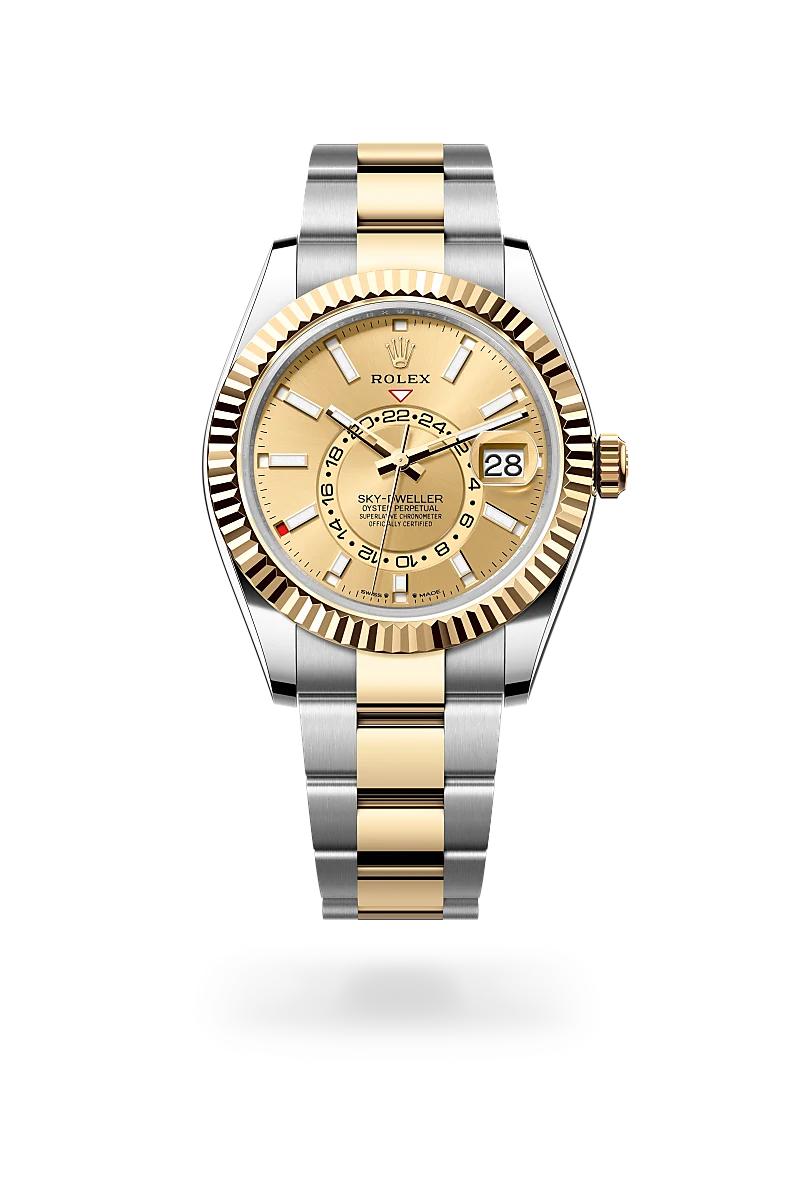 Rolex Sky-Dweller in Yellow Rolesor - combination of Oystersteel and yellow gold with a Champagne-colour dial,Fluted, bidirectional rotatable Rolex Ring Command bezel and Oyster, three-piece solid links bracelet