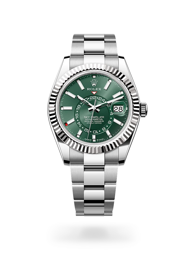 Rolex Sky-Dweller in White Rolesor - combination of Oystersteel and white gold with a Mint green dial,Fluted, bidirectional rotatable Rolex Ring Command bezel and Oyster, three-piece solid links bracelet