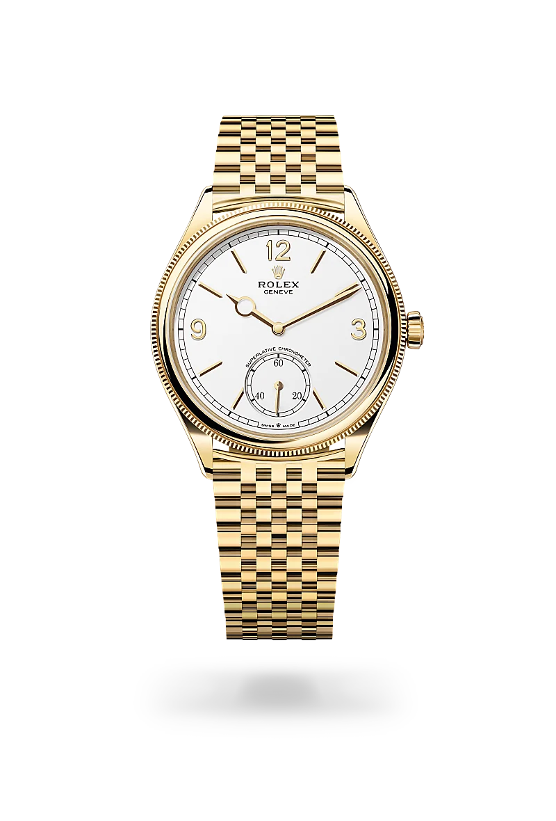 Rolex 1908 in 18 ct yellow gold with a Intense white dial,Domed and fluted bezel and Settimo, seven-piece solid links bracelet